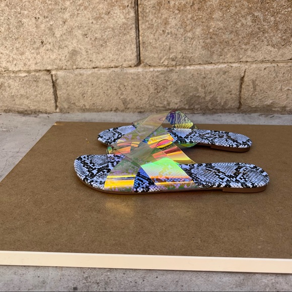 Chase and Chloe Holographic Snake Embossed Clear Strap Irma Slides Sandals - Picture 3 of 7